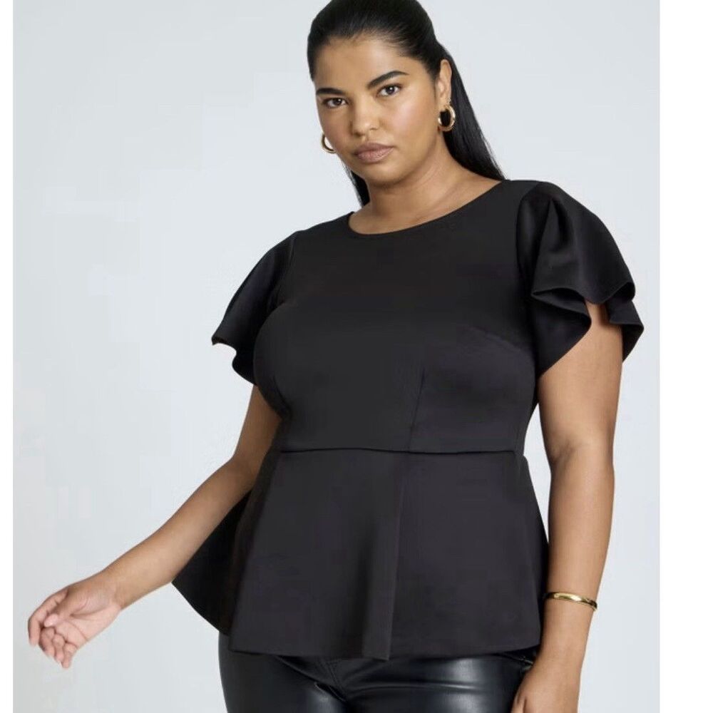 Eloquii Peplum Shirt Women’s Plus Size 22 Black Flare Sleeve Blouse Office NWT